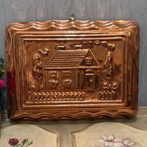 Large Vintage Copper Jelly Jello Gelatin Mold House Home Picket Fence Trees Bird